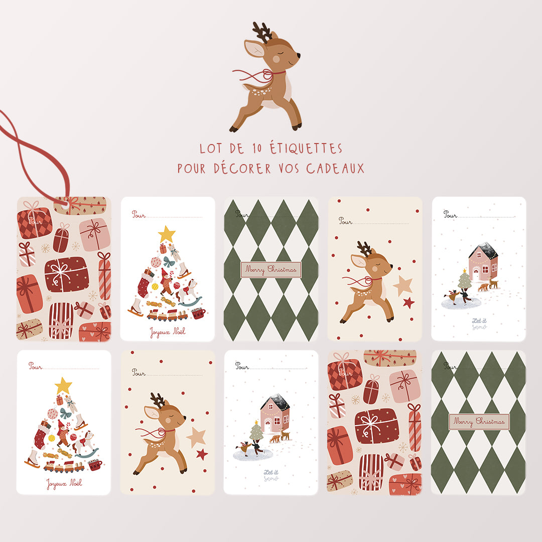 Lot 10 étiquettes cadeaux Noël "Féerique"