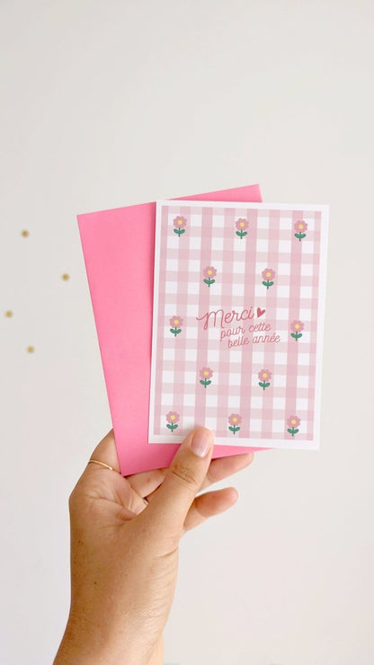 Carte Vichy fleuri Merci maîtresse - Atelier Vingt Huit