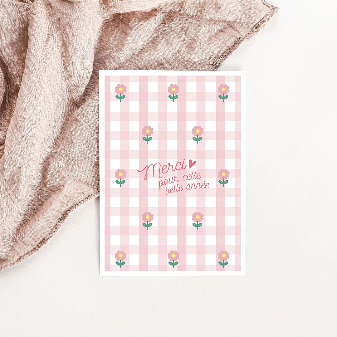 Carte Vichy fleuri Merci maîtresse - Atelier Vingt Huit